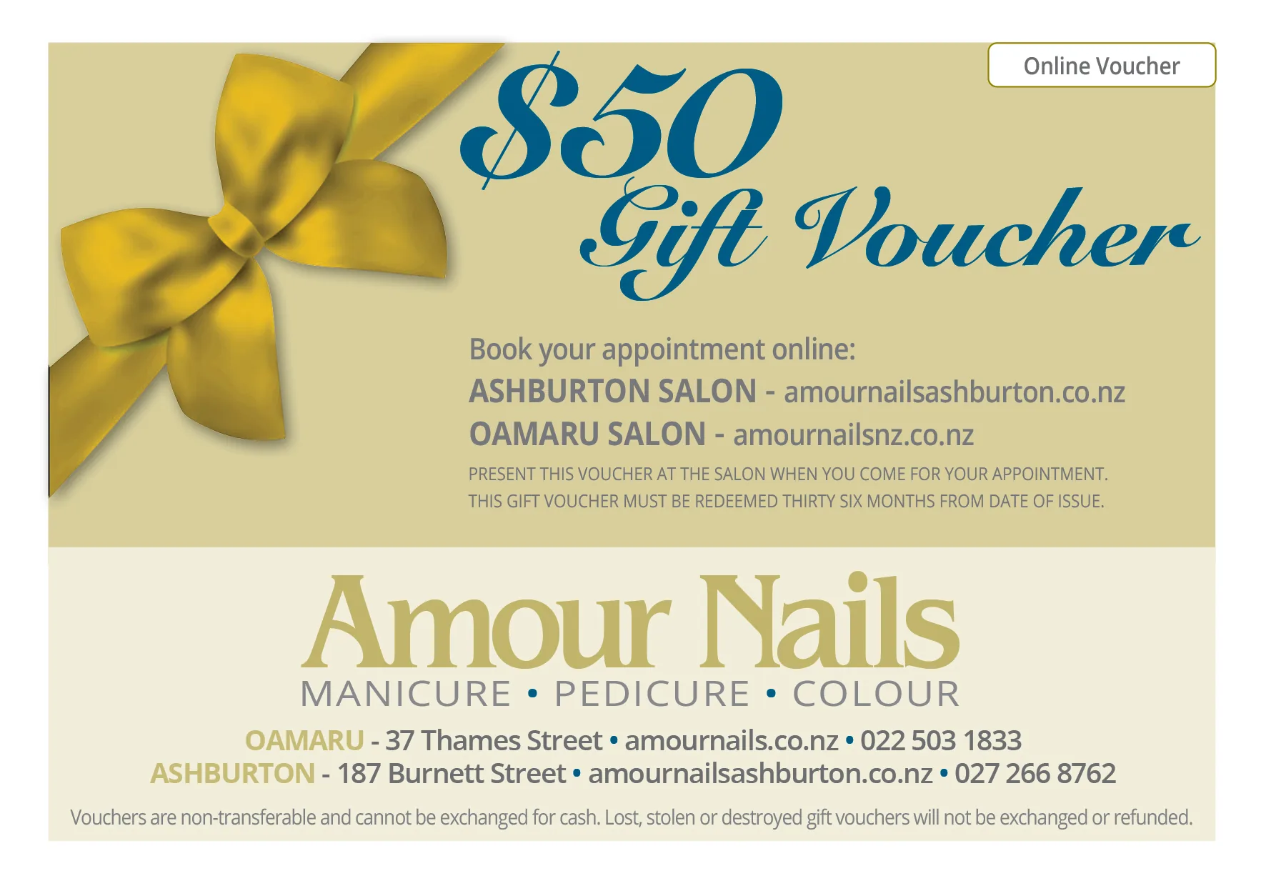 Amour Nails $50 gift voucher, available to buy online.